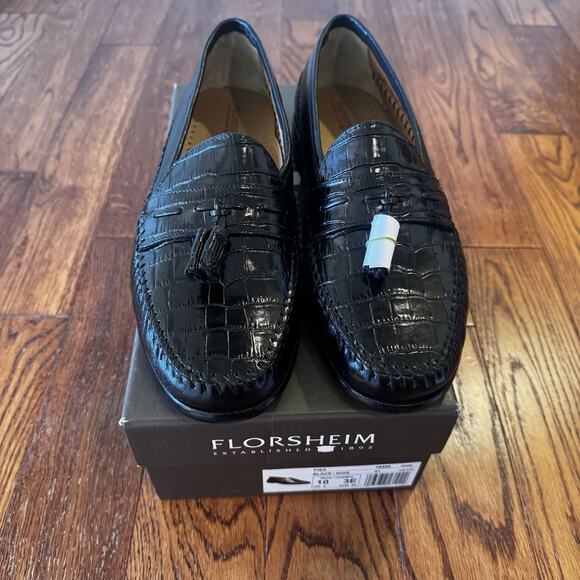 NEW Florsheim Pisa Leather Crocodile Print Moc Toe Tassel Loafer Men's 10 EEE 3E - Picture 1 of 16